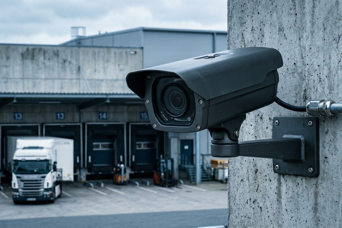 Montierte Videoüberwachungskamera an einer Hallenfassade