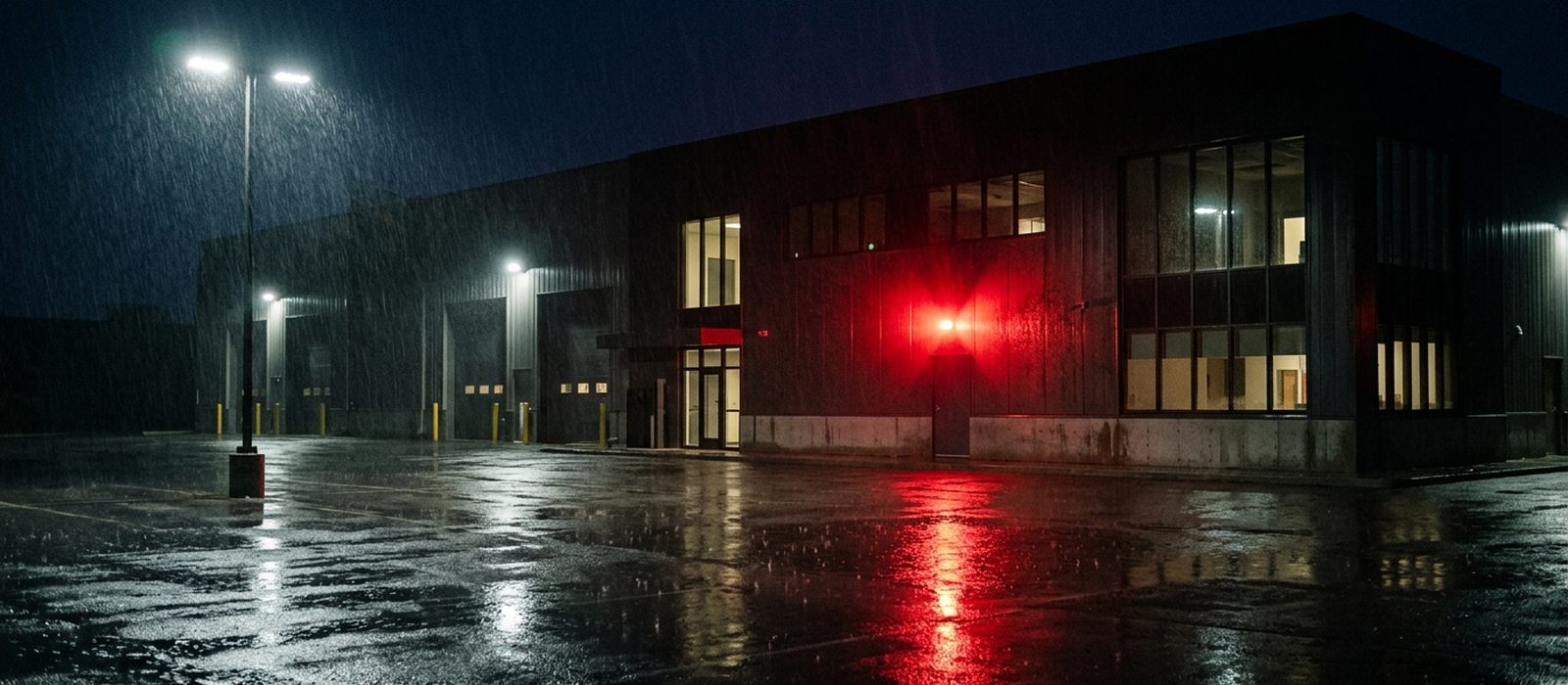 Rotes Alarmblitzlicht und Flutlicht an einem Betriebsgebäude bei Nacht